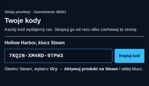 Wygląd Clean z kolorami sklepu: granatowe tło, jasny tekst i błękitny przycisk.