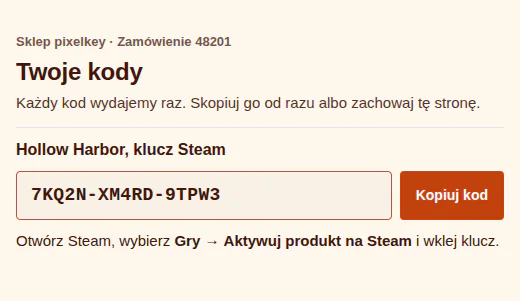 Wygląd Clean z kolorami sklepu: kremowe tło, ciemnobrązowy tekst i pomarańczowy przycisk.