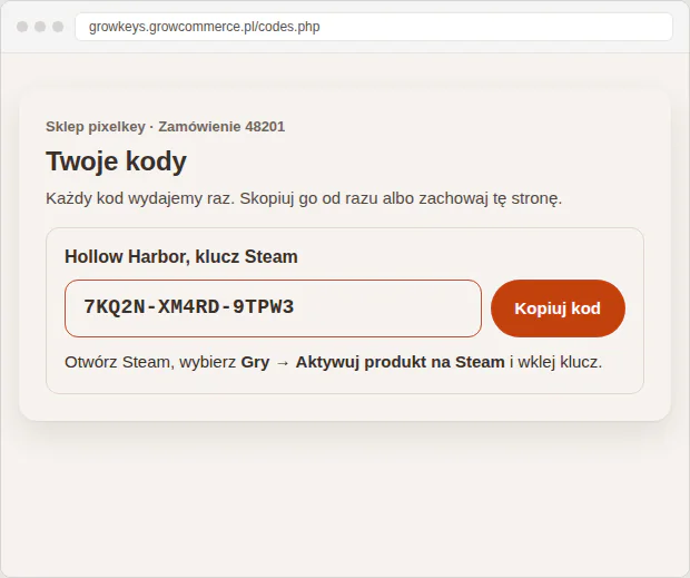 Strona „Twoje kody” w przeglądarce: numer zamówienia, kod Hollow Harbor w ramce i przycisk Kopiuj kod.