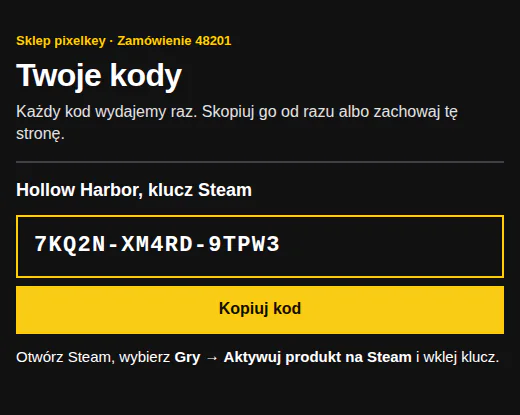 Wygląd Bold: czarne tło, żółty akcent, duży nagłówek i przycisk na całą szerokość.