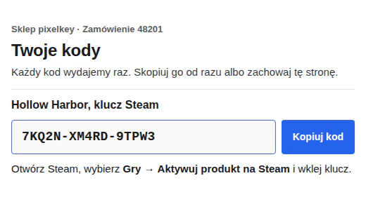 Wygląd Clean: biała strona, niebieski akcent, kod obok przycisku Kopiuj kod.