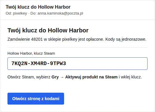 Mail „Twój klucz do Hollow Harbor” z kodem w ramce, instrukcją aktywacji i przyciskiem Otwórz stronę z kodami.