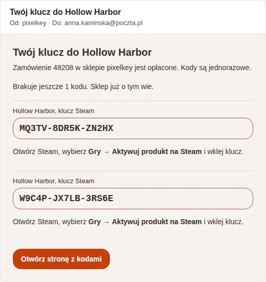 Mail z dwoma kodami i informacją, że brakuje jeszcze jednego kodu.
