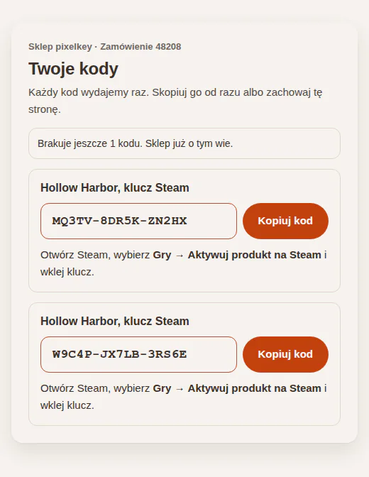 Strona kodów z dwoma kodami Hollow Harbor i komunikatem, że brakuje jeszcze 1 kodu.