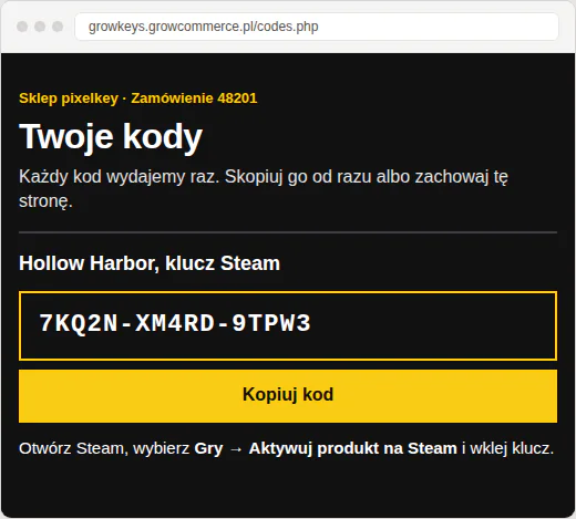 Strona Twoje kody w wyglądzie Bold: klucz do gry Hollow Harbor, przycisk Kopiuj kod i instrukcja aktywacji w Steam.