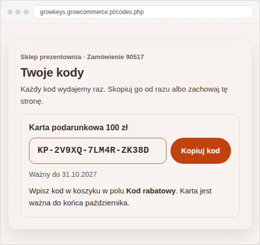 Strona Twoje kody sklepu z prezentami: kod karty podarunkowej 100 zł w wyglądzie Soft z datą ważności 31.10.2027.