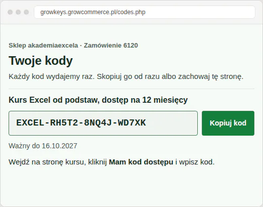 Strona Twoje kody akademii online: kod dostępu do kursu Excel w zielonych kolorach sklepu, ważny do 16.10.2027.