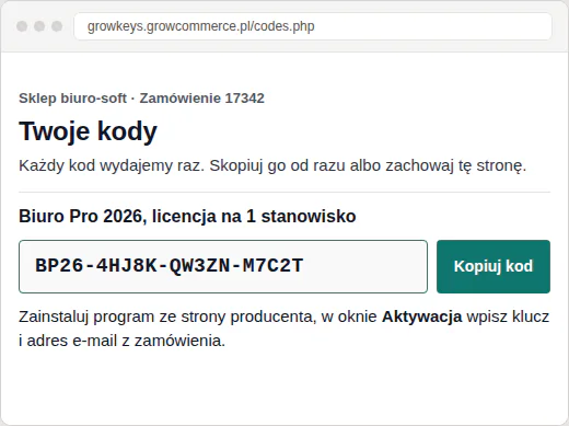 Strona Twoje kody sklepu z oprogramowaniem: klucz licencji Biuro Pro 2026 w wyglądzie Clean z zielonym akcentem.
